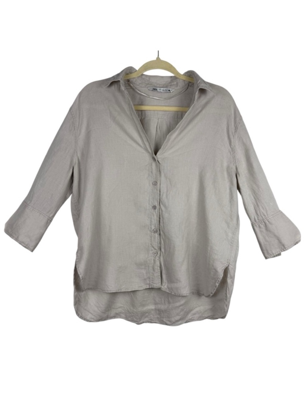 ZARA Light Beige Linen Button Up Blouse Size Small